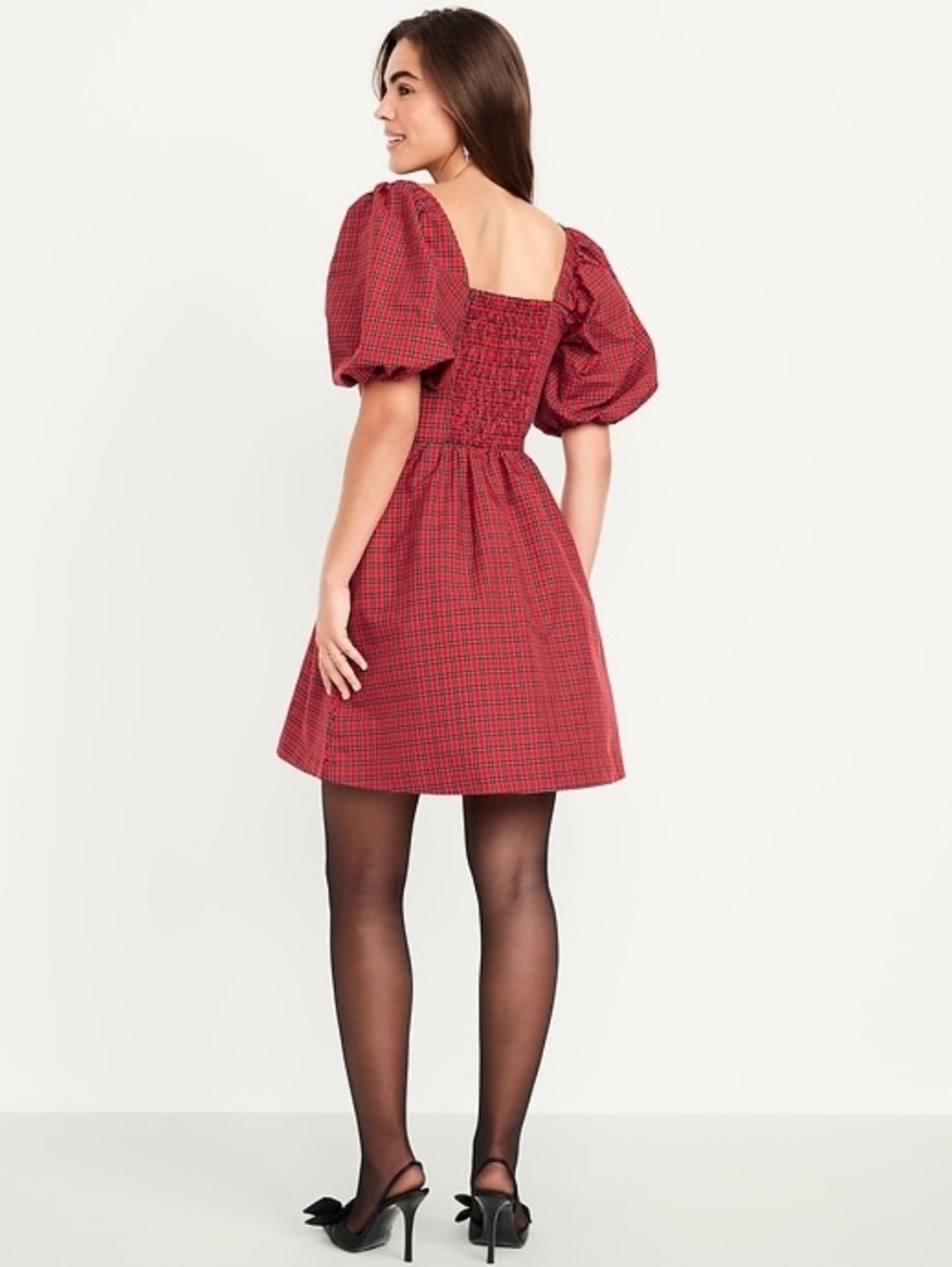 NWT/ Old Navt Puff-Sleeve Plaid Fit & Flare Taffeta Mini Dress Petite Large - Picture 2 of 7